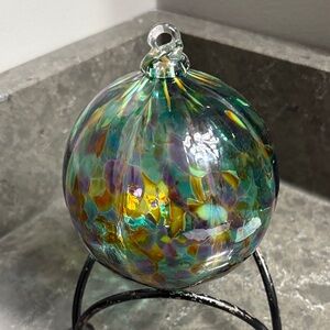 Vibrant Glass Art Sphere - Green, Purple, Gold Friendship Ball